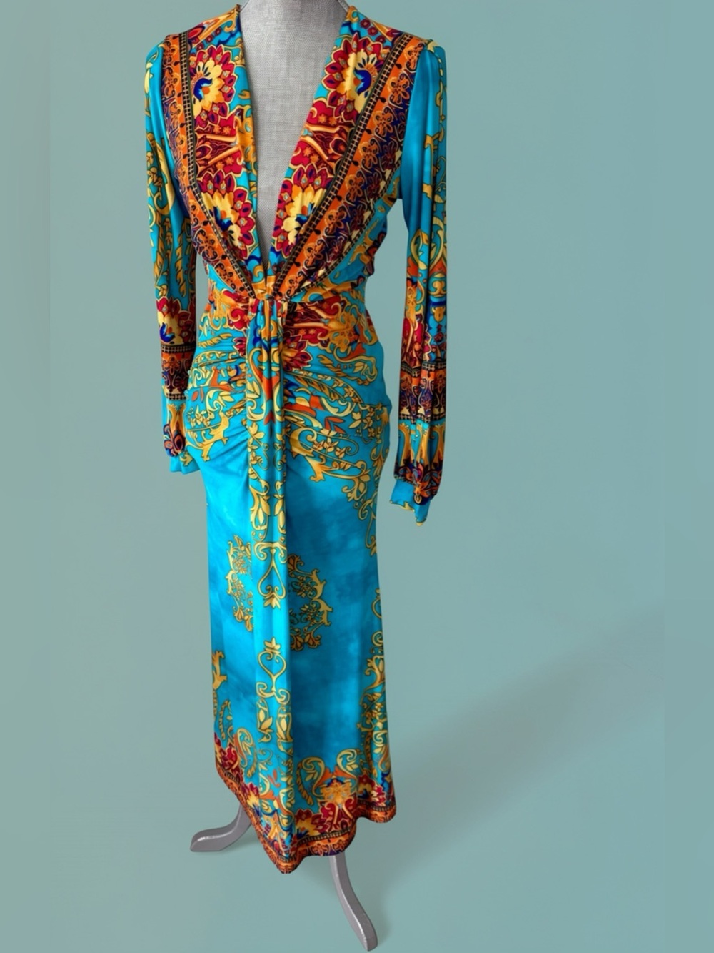 Vibrant Turquoise & Gold Print Maxi Dress with Deep V-Neck - Picture 3 of 16